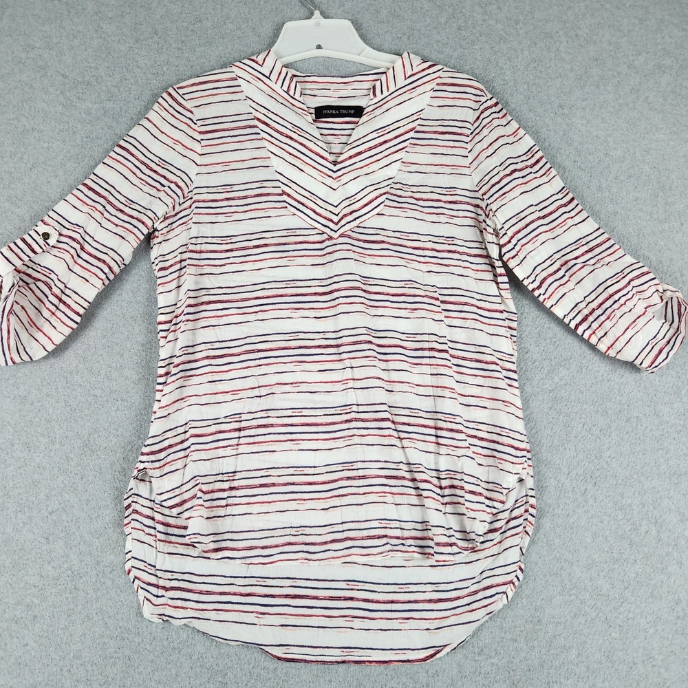 Ivanka Trump Tunic Top Womens Small White Red Striped Cotton Roll Tab Sleeve
